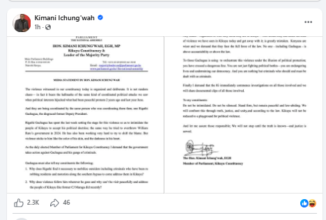 Facebook post by Kimani Ichung’wah. PHOTO/Screengrab by People Daily Digital