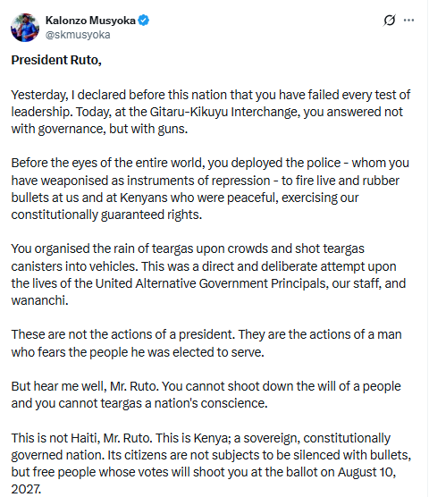 X post by Kalonzo Musyoka. PHOTO/Screengrab by People Daily Digital