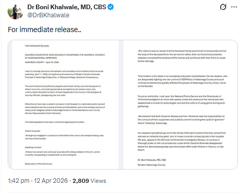 Press release by Boni Khalwale. PHOTO/Screengrab by People Daily Digital/@DrBKhalwale/X