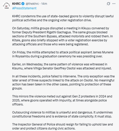 Statement by KHRC. PHOTO/Screengrab by People Daily Digital/@thekhrc/X