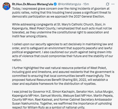Statement by Moses Wetang’ula. PHOTO/Screengrab by People Daily Digital/@HonWetangula/X