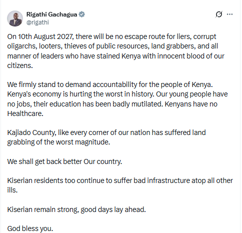 X post by Rigathi Gachagua. PHOTO/Screengrab by People Daily Digital/@rigathi/X