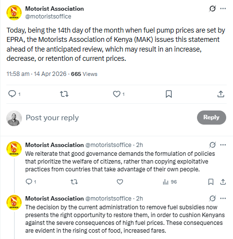 Part of the statement by Motorists Association. PHOTO/Screengrab by People Daily Digital/@motoristsoffice/X