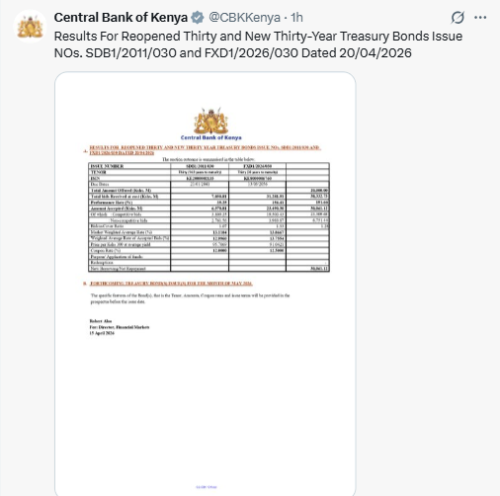 Results for reopened thirty and new thirty-year treasury bonds. PHOTO/Screengrab by People Daily Digital/@CBKKenya/X