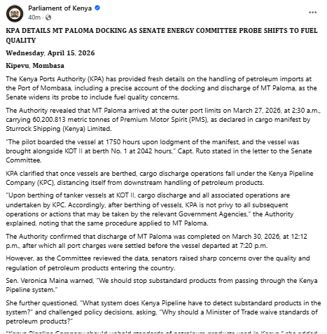 Statement on the handling of petroleum imports. PHOTO/Screengrab by People Daily Digital/https://www.facebook.com/ParliamentKE/