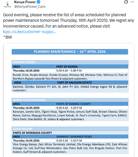 Maintenance notice statement. PHOTO/Screengrab by People Daily Digital/@KenyaPower_Care/X