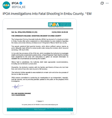 Statement on the fatal shooting. PHOTO/Screengrab by People Daily Digital/@IPOA_KE/X