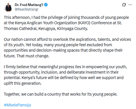 X post by Fred Matiang'i. PHOTO/Screengrab by People Daily Digital/@RealMatiangi/X