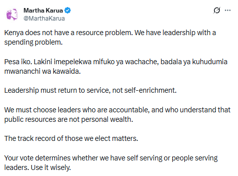 X post by Martha Karua. PHOTO/Screengrab by People Daily Digital/@MarthaKarua/X