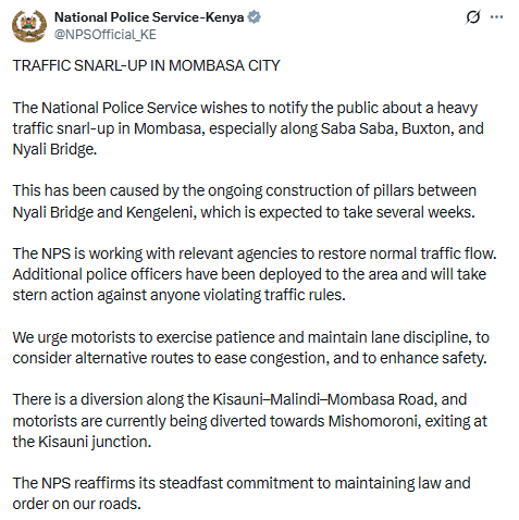 Statement by Police. PHOTO/Screengrab by People Daily Digital/@NPSOfficial_KE/X