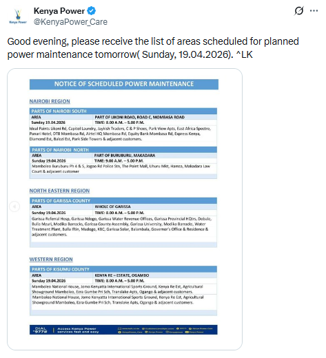 Post by Kenya Power. PHOTO/Screengrab by People Daily Digital/@KenyaPower_Care/X