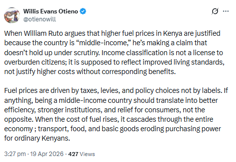 Post by Willis Evans Otieno. PHOTO/Screengrab by People Daily Digital/@otienowill/X