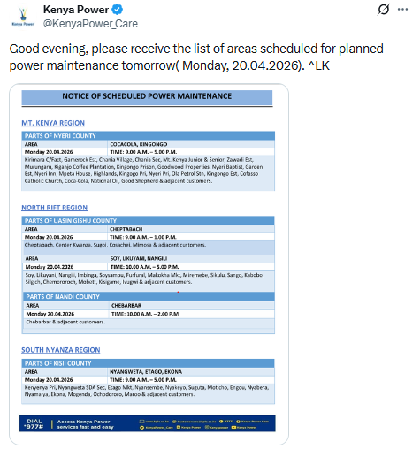 Notice by Kenya Power. PHOTO/Screengrab by People Daily Digital/@KenyaPower_Care/X