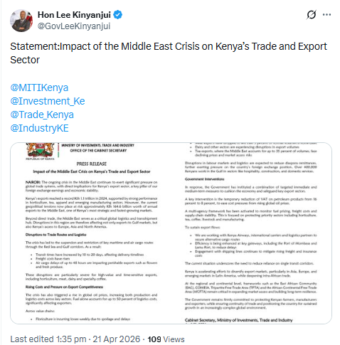 Post by Lee Kinyanjui. PHOTO/Screengrab by People Daily Digital/@GovLeeKinyanjui/X