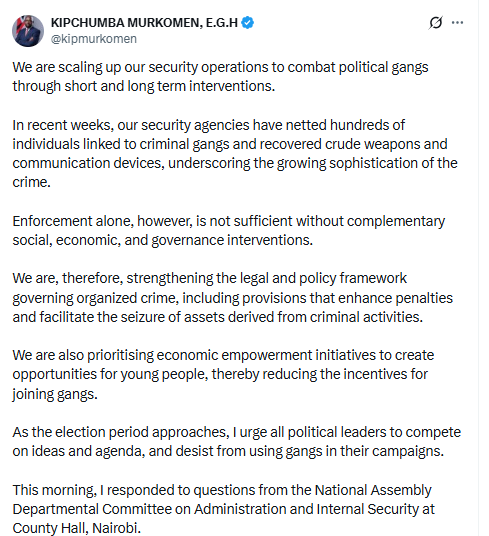 Statement by Kipchumba Murkomen. PHOTO/Screengrab by People Daily Digital/@kipmurkomen/X