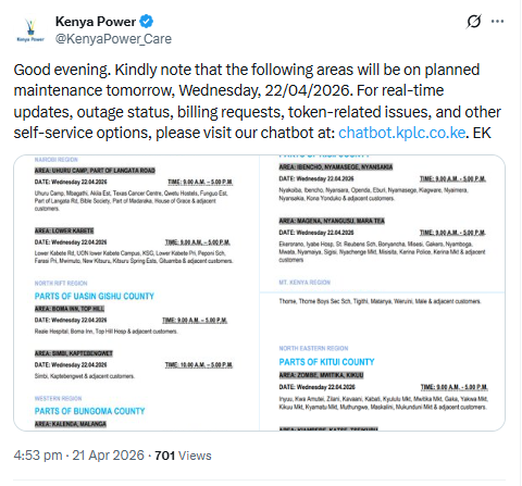 Notice by Kenya Power. PHOTO/Screengrab by People Daily Digital/@KenyaPower_Care/X