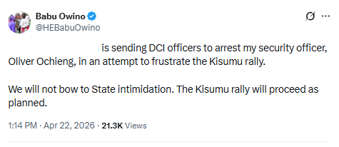 Statement by Babu Owino. PHOTO/Screengrab by People Daily Digital/@HEBabuOwino/X