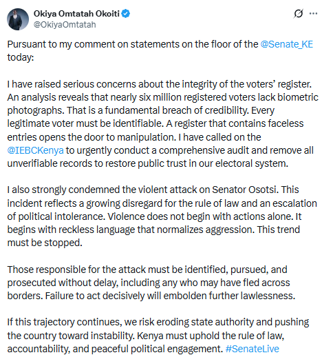Statement by Okiya Omtatah. PHOTO/Screengrab by People Daily Digital/@OkiyaOmtatah/X