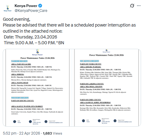 Notice by Kenya Power. PHOTO/Screengrab by People Daily Digital/@KenyaPower_Care/X