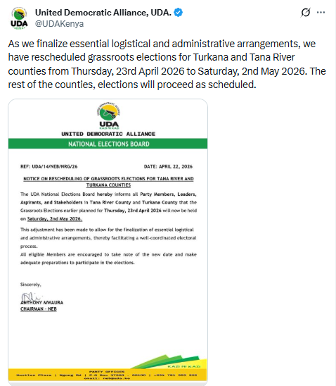 Statement by UDA. PHOTO/Screengrab by People Daily Digital/@UDAKenya/X