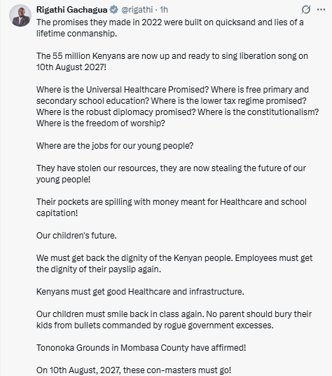 Statement by Rigathi Gachagua. PHOTO/Screengrab by People Daily Digital/@rigathi/X