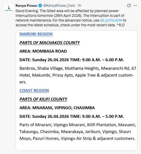 Notice by Kenya Power. PHOTO/Screengrab by People Daily Digital/@KenyaPower_Care/X