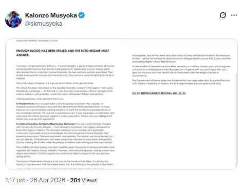 Statement by Kalonzo Musyoka. PHOTO/Screengrab by People Daily Digital/@skmusyoka/X