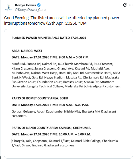 Notice on the outage. PHOTO/Screengrab by People Daily Digital/@KenyaPower_Care/X