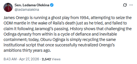 Statement by Ledama Olekina. PHOTO/Screengrab by People Daily Digital/@ledamalekina /X