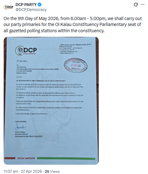 Statement by DCP Party. PHOTO/Screengrab by People Daily Digital/@DCP_Democracy/X
