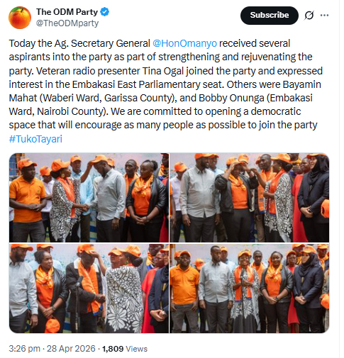 Statement by ODM. PHOTO/Screengrab by People Daily Digital/@TheODMparty/X