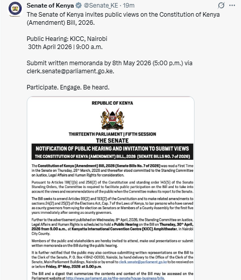 Notice by the Senate inviting public views on the Constitution of Kenya (Amendment) Bill, 2026. PHOTO/Screengrab by People Daily Digital/@Senate_KE/X