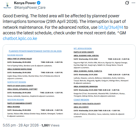Notice by Kenya Power. PHOTO/Screengrab by People Daily Digital/@KenyaPower_Care/X