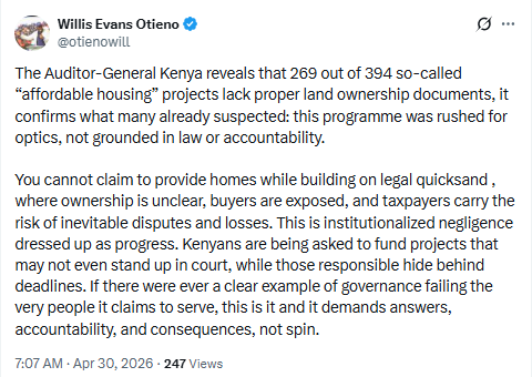 Statement on the affordable housing programme. PHOTO/Screengrab by People Daily Digital/@otienowill/X