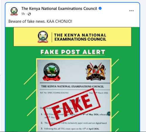TSC fake post alert on Monday, April 6, 2026. PHOTO/Screengrab by People Daily Digital/https://web.facebook.com/ExamsCouncil/FB