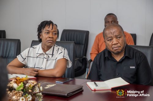 The Acting South African High Commissioner to Ghana, Thando Dalamba (in black), when he was summoned by Ghana's Foreign Affairs Minister Samuel Okudzeto Ablakwa. PHOTO/@S_OkudzetoAblak/X