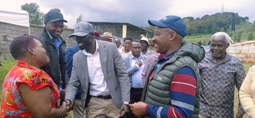 Water and Irrigation Cabinet Secretary Eric Mugaa accompanied by Buuri Mp Mugambi Rindikiri and a section of Members of County Assembly, arrives at Kiirua today. PHOTO//Dorcas Mbatia