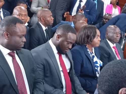 Former DP Rigathi Gachagua with his family before a Milimani High Court on Monday, April 27, 2026.PHOTO/Zipporah Ngwatu
