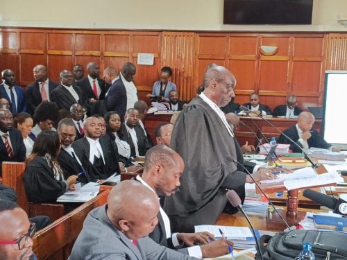 Senior Counsel Paul Muite appears before a three-judge bench hearing ex-DP Rigathi Gachagua's case on Monday, April 27, 2026. PHOTO/Zipporah Ngwatu