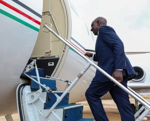 President William Ruto boarding a plane. PHOTO/@KindikiKithure/X