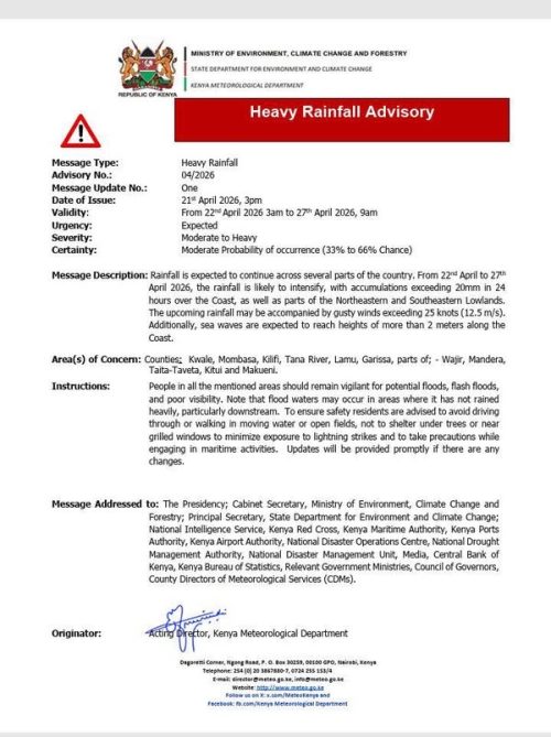 Kenya Met advisory on April 21, 2026. PHOTO/https://web.facebook.com/100064520836608/posts/1388044560022892/?rdid=36nYnM8DFn1VoYcp#