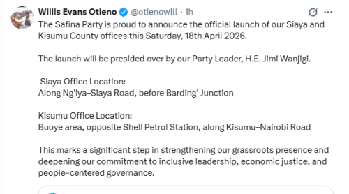 Willis Otieno's office launch confirmation message on Friday, April 17, 2026. PHOTO/Screengrab by People Daily Digital/@otienowill/X