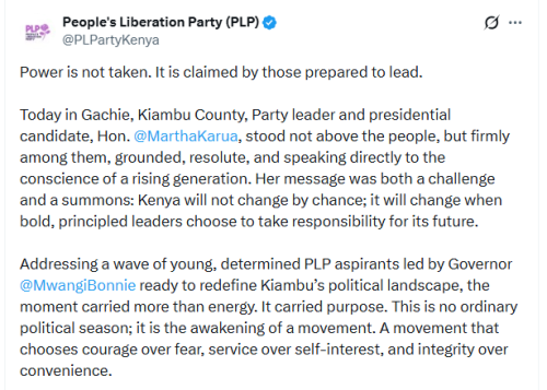 Martha Karua's post on X account on Saturday, April 18, 2026. PHOTO/Sceengrab by People Daily DIgital/@PLPartyKenya/X
