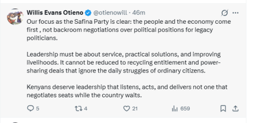 Safina Party deputy leader Willis Otieno's post on Sunday, April 19, 2026. PHOTO/Screengrab by People Daily Digital/@otienowill/X