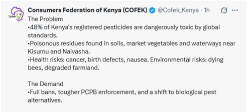 The Consumers Federation of Kenya (COFEK) X post on Sunday, April 19, 2026. PHOTO/Screengrab by People Daily Digital/@Cofek_Kenya/X