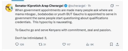 Nandi Senator Samson Cherargei's post on April 20, 2026. PHOTO/Screengrab by People Daily Digital/@scherargei/X