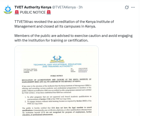 The Technical and Vocational Education and Training Authority (TVETA) statement on April 20, 2026. PHOTO/Screengrab by People Daily Digital/@TVETAKenya/X