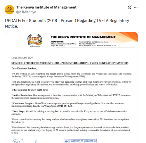 The Kenya Institute of Management (KIM) update to students on April 21, 2026. PHOTO/Screengrab by People Daily Digital/@KIMKenya/X
