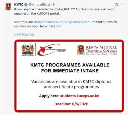 The Kenyan Universities and Colleges Central Placement Service (KUCCPS)  post on April 21, 2026. PHOTO/Screengrab by People Daily Digital/@Kmtc_official/X