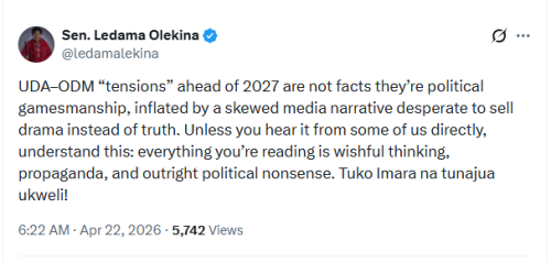 Narok Senator Ledama Olekina's post on April 22, 2026. PHOTO/Screengrab by People Daily Digital/@ledamalekina/X